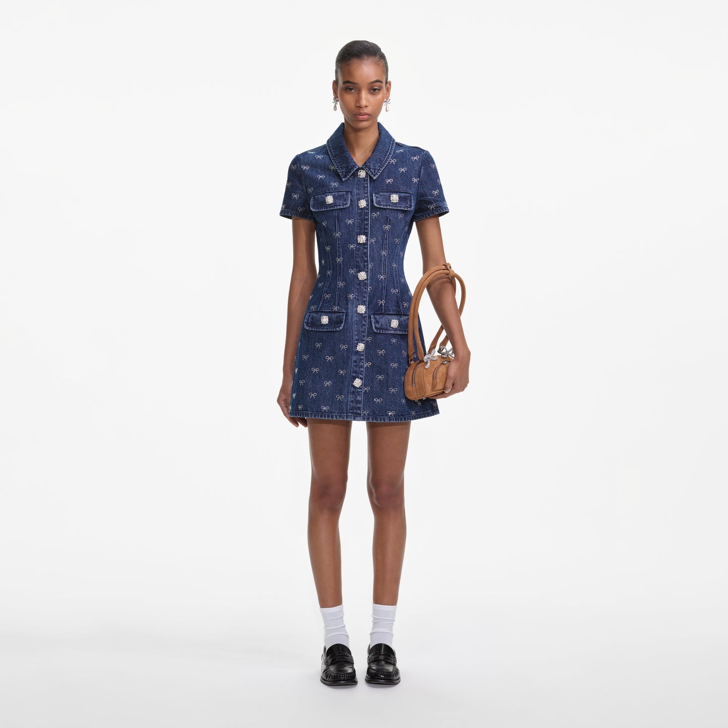 Denim Pırlanta Fiyonk Yaka Mini Elbise