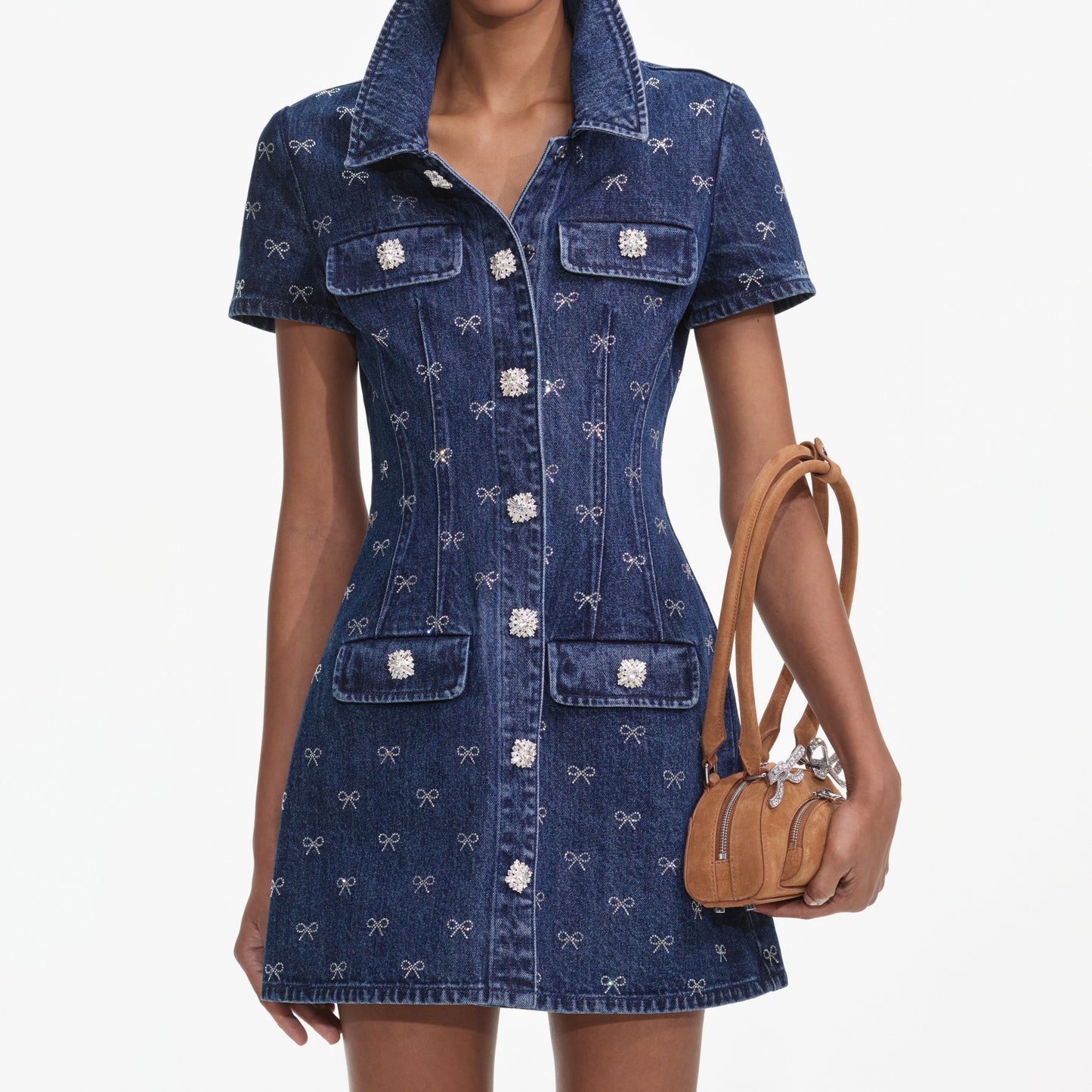 Denim Pırlanta Fiyonk Yaka Mini Elbise