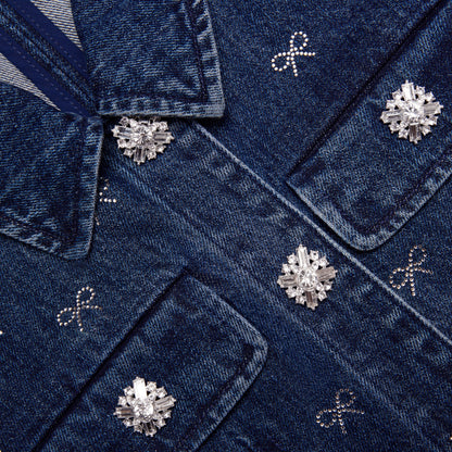Denim Pırlanta Fiyonk Yaka Mini Elbise