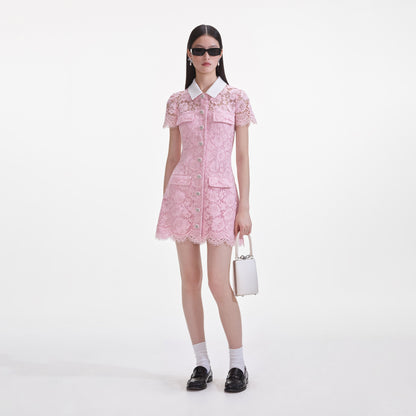 Pembe Dantel Yaka Mini Elbise