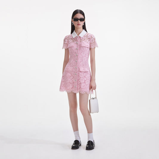 Pembe Dantel Yaka Mini Elbise