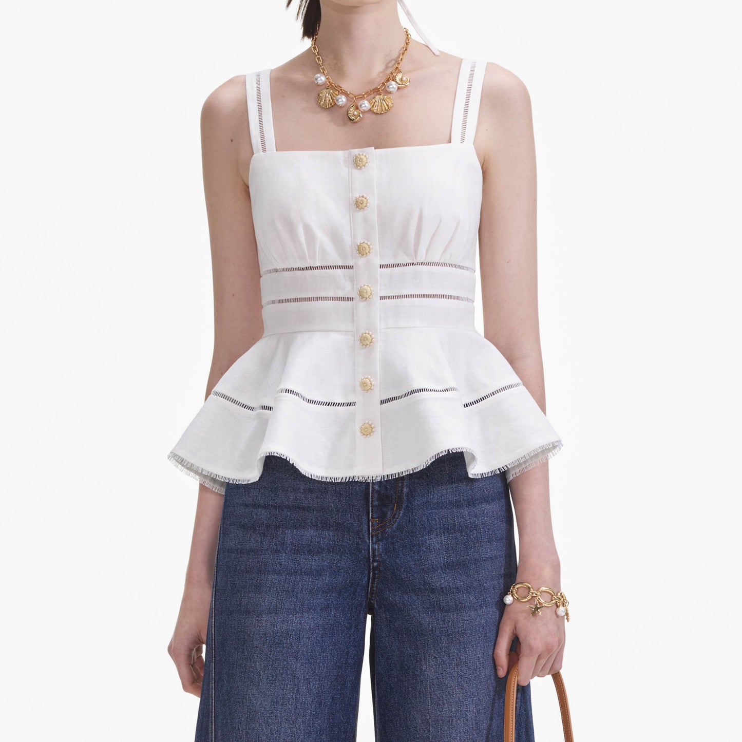 Beyaz Keten Peplum Üst