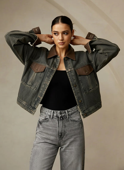 Vintage Kontrast Süslü Yaka Denim Ceket Koyu Kahverengi Uzun Kol