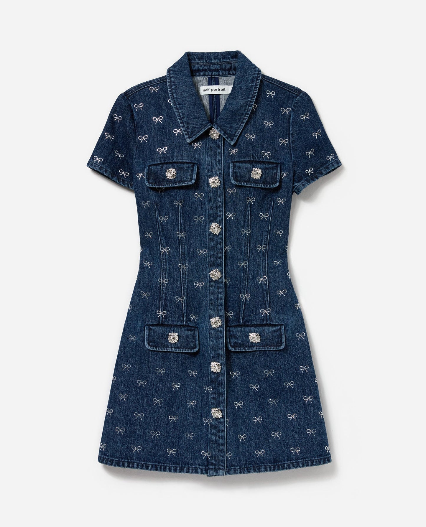 Denim Pırlanta Fiyonk Yaka Mini Elbise