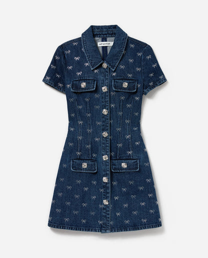 Denim Pırlanta Fiyonk Yaka Mini Elbise