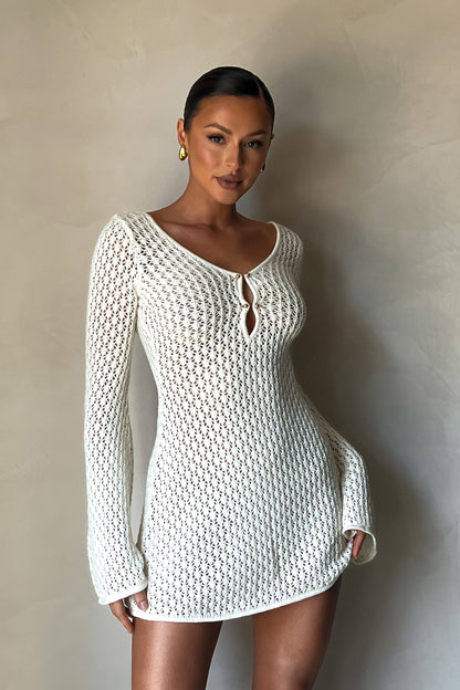 Kayleigh Tığ İşi Örgü Mini Elbise - Beyaz