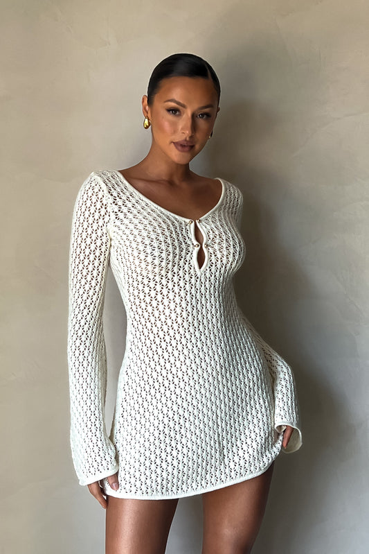 Kayleigh Tığ İşi Örgü Mini Elbise - Beyaz
